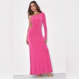 Lulus,‎ Medium, Sweet Flirt Pink Long Sleeve One-Shoulder Cutout Maxi Dress